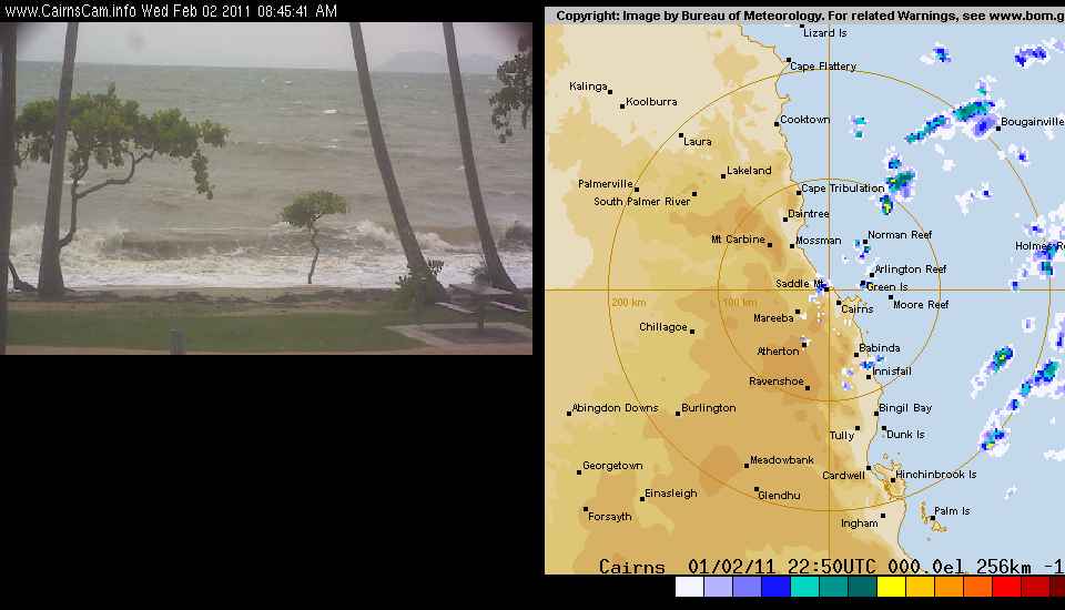 Tropical Cyclone Yasi (2011) Approach to Cairns, Queensland, Australia Radar w/ Webcam