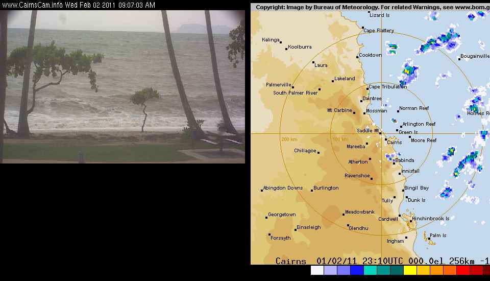 Tropical Cyclone Yasi (2011) Approach to Cairns, Queensland, Australia Radar w/ Webcam