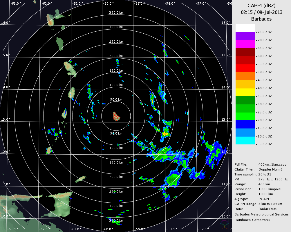 Barbados 400KM Radar for Chantal (Jul 2013) Approach