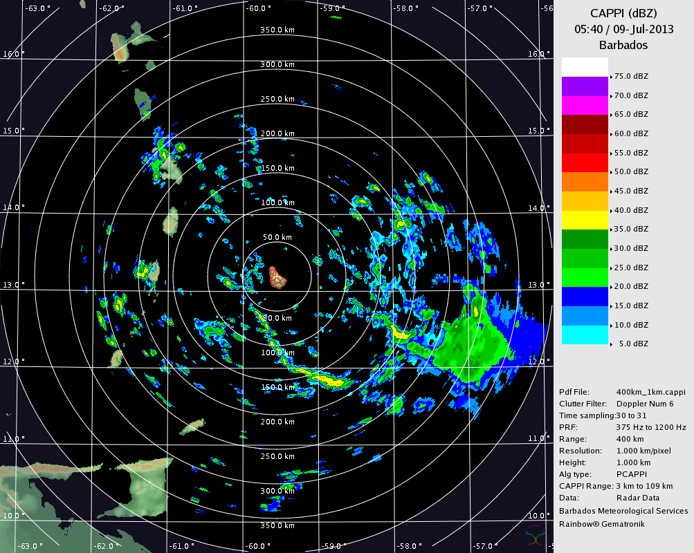 Barbados 400KM Radar for Chantal (Jul 2013) Approach