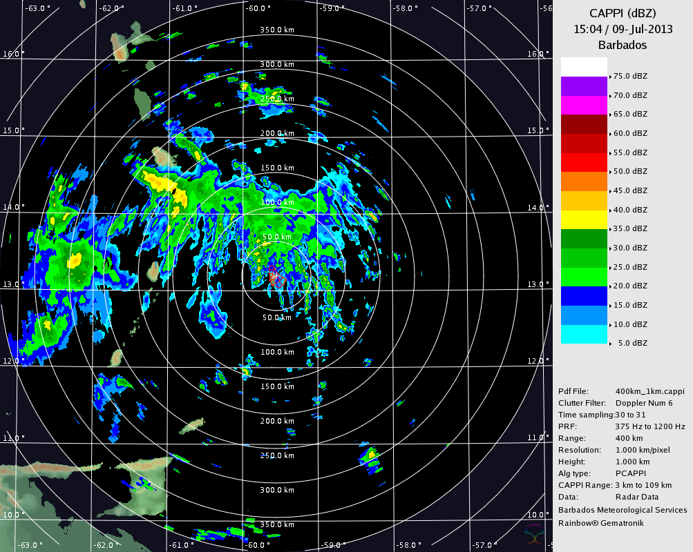 Barbados 400KM Radar for Chantal (Jul 2013) Approach
