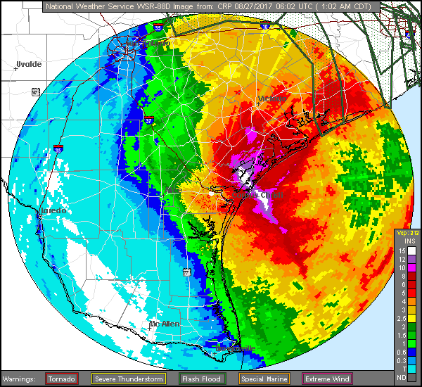 Corpus Christi Long Range Rainfal Totals of Harvey (2017) Approach